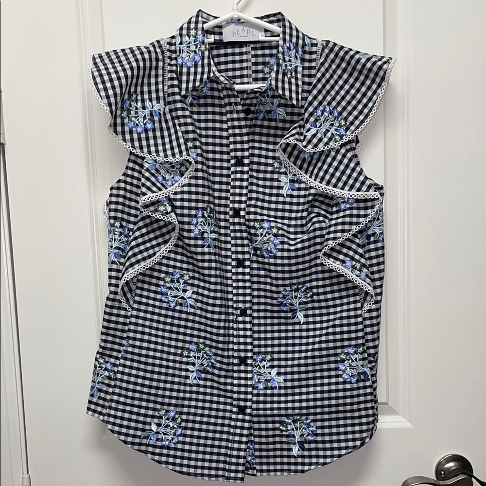 Pearl Lela Rose Navy Gingham Sleeveless Blouse with Blue Floral Embroidery